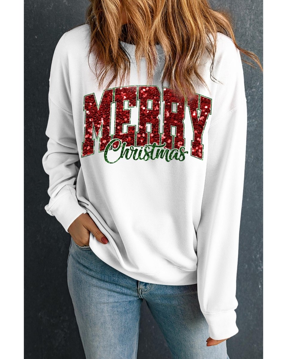 Beige MERRY Christmas Heat Transfer Printing Crewneck Pullover Sweatshirt - L