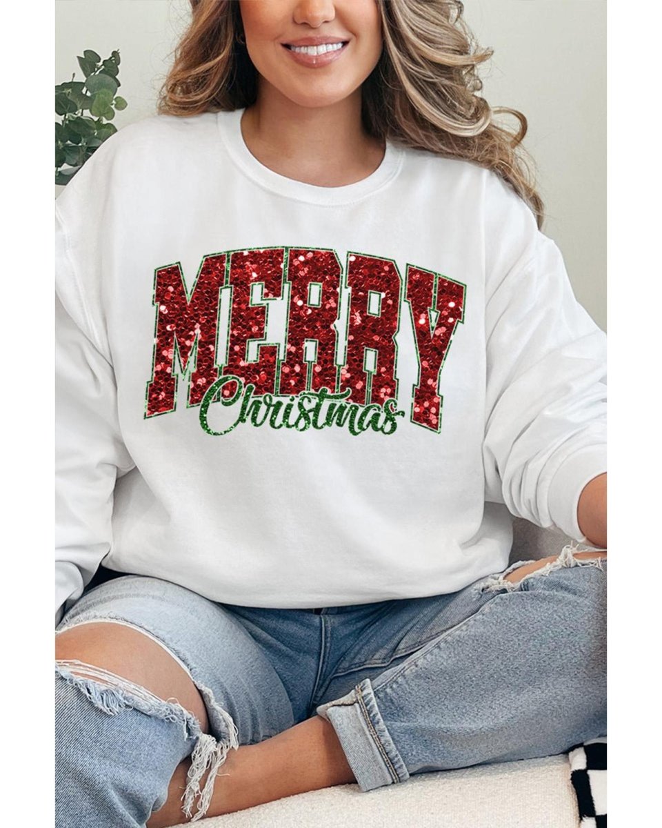 Beige MERRY Christmas Heat Transfer Printing Crewneck Pullover Sweatshirt - L