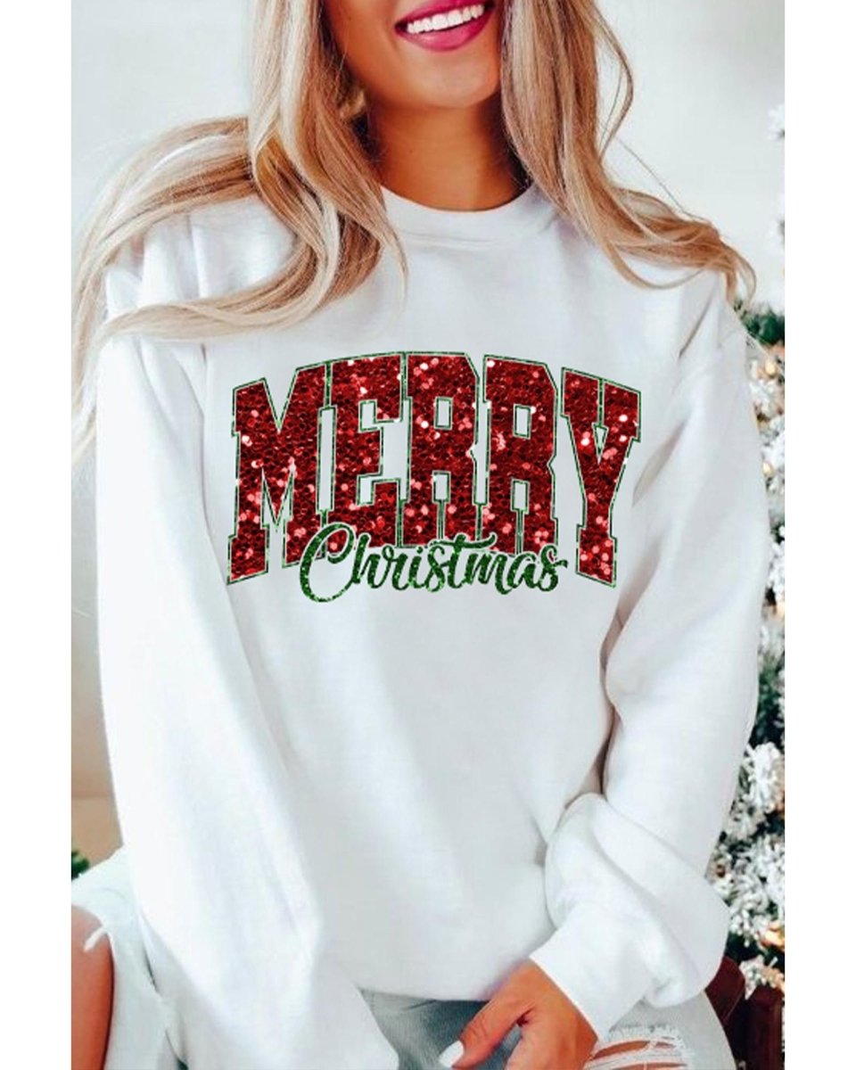 Beige MERRY Christmas Heat Transfer Printing Crewneck Pullover Sweatshirt - L