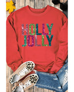 Red Heat Transfer HOLLY JOLLY Printing Christmas Pullover Sweatshirt - M