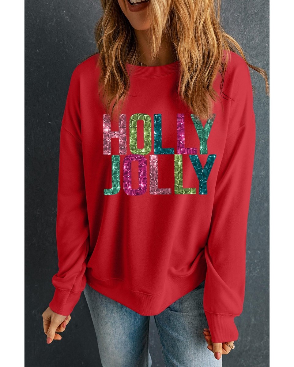 Red Heat Transfer HOLLY JOLLY Printing Christmas Pullover Sweatshirt - S