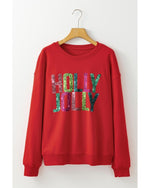 Red Heat Transfer HOLLY JOLLY Printing Christmas Pullover Sweatshirt - S