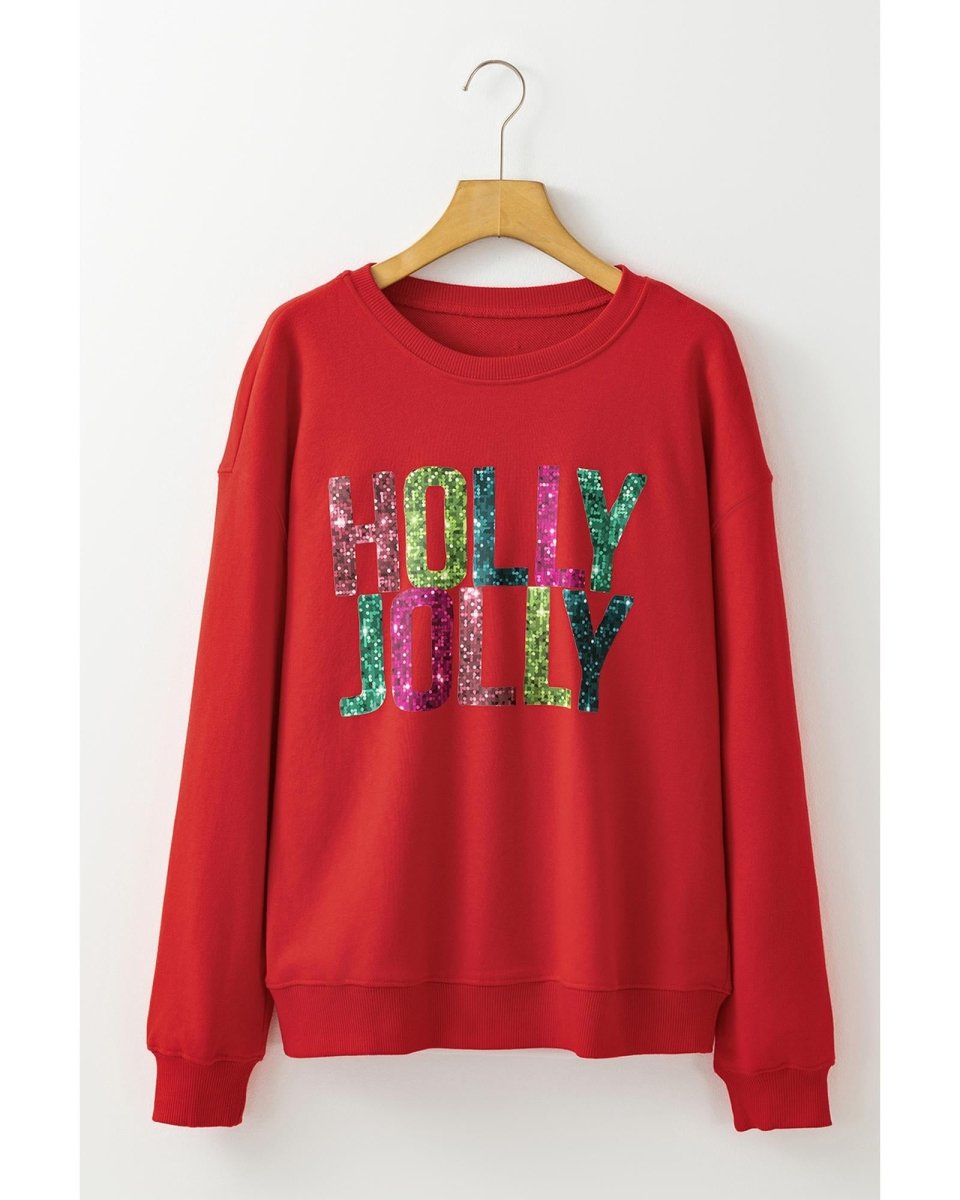 Red Heat Transfer HOLLY JOLLY Printing Christmas Pullover Sweatshirt - S