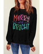 Black Glittering Merry and Bright Graphic Christmas Pullover Sweatshirt - L