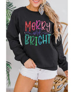 Black Glittering Merry and Bright Graphic Christmas Pullover Sweatshirt - L