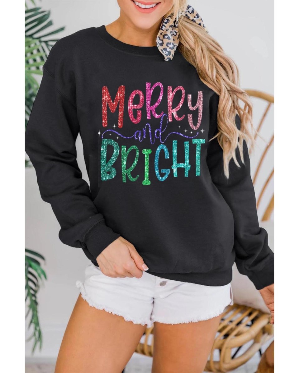 Black Glittering Merry and Bright Graphic Christmas Pullover Sweatshirt - L