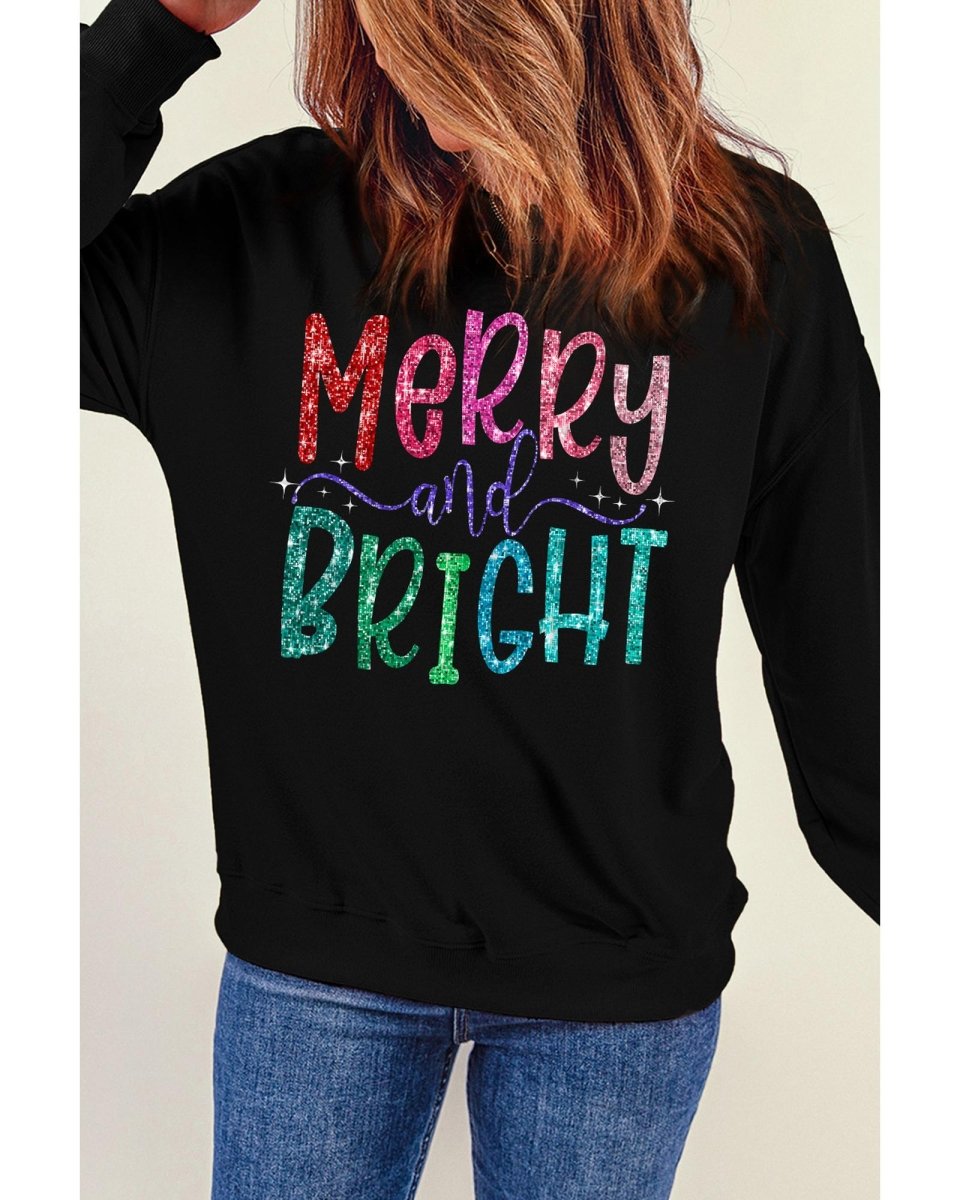 Black Glittering Merry and Bright Graphic Christmas Pullover Sweatshirt - M