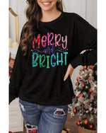 Black Glittering Merry and Bright Graphic Christmas Pullover Sweatshirt - M