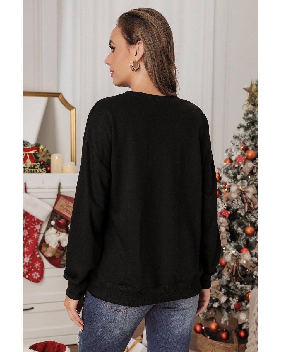 Black Glittering Merry and Bright Graphic Christmas Pullover Sweatshirt - S