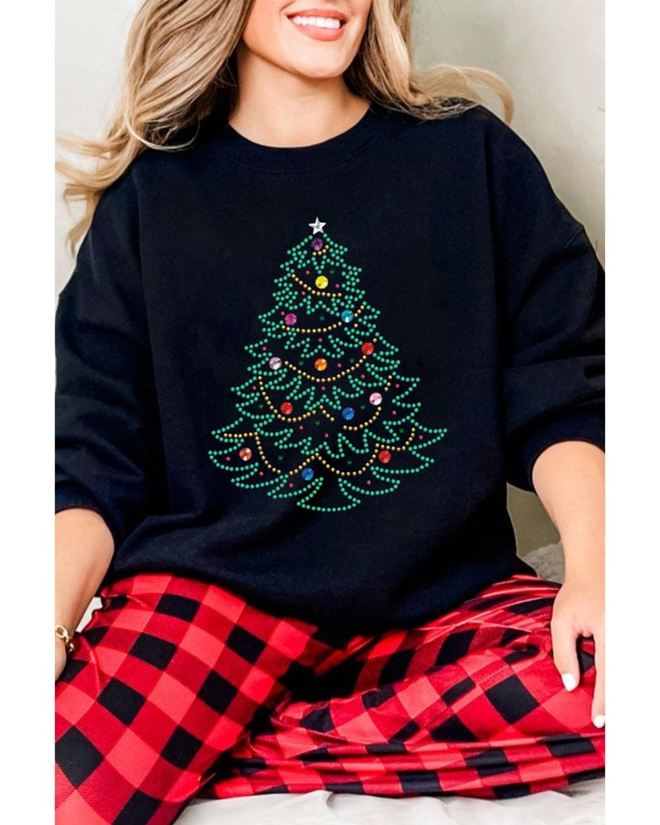 Black Rhinestone Christmas Tree Graphic Pullover Sweatshirt - L