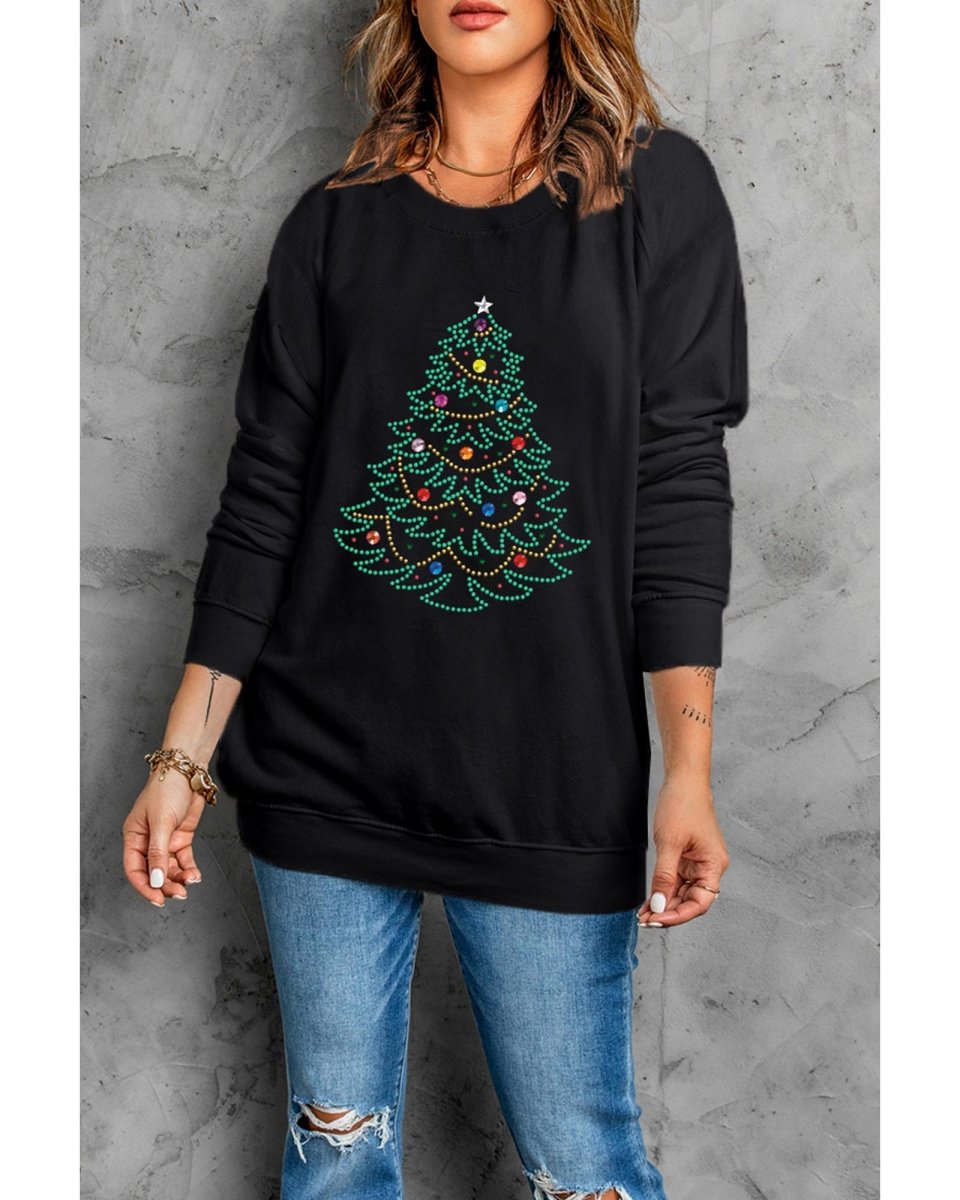 Black Rhinestone Christmas Tree Graphic Pullover Sweatshirt - L