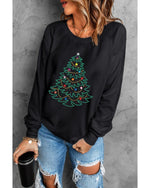 Black Rhinestone Christmas Tree Graphic Pullover Sweatshirt - L
