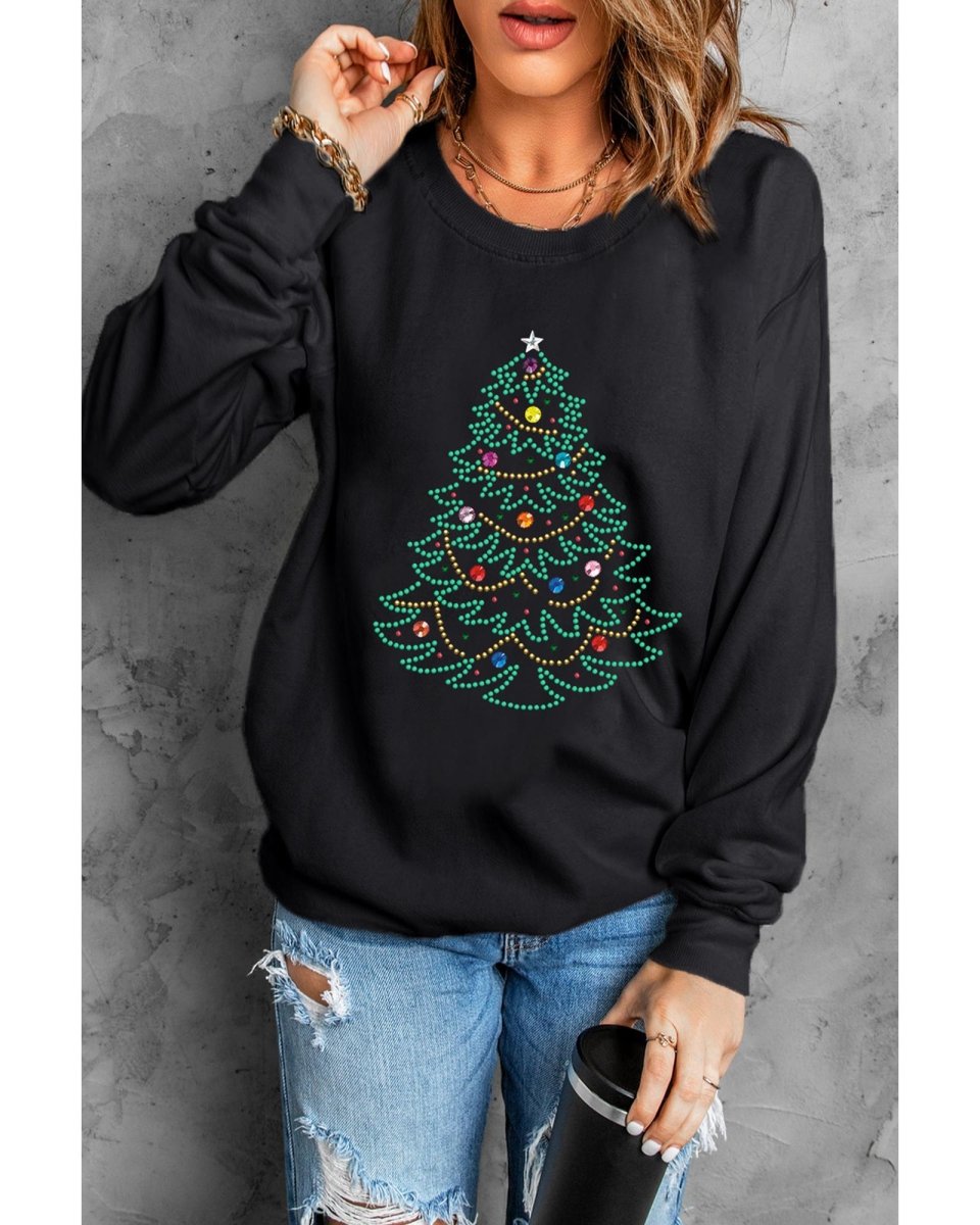 Black Rhinestone Christmas Tree Graphic Pullover Sweatshirt - L