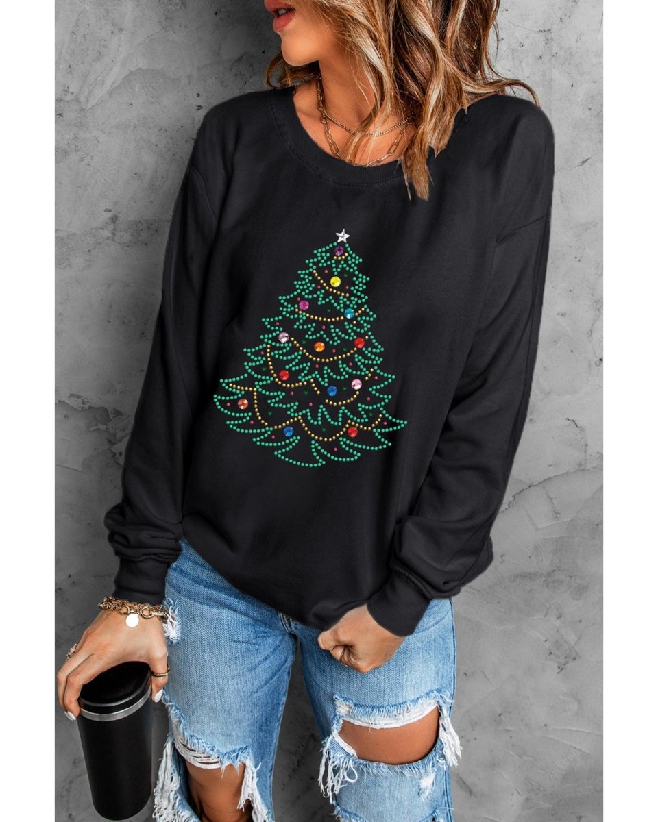 Black Rhinestone Christmas Tree Graphic Pullover Sweatshirt - S