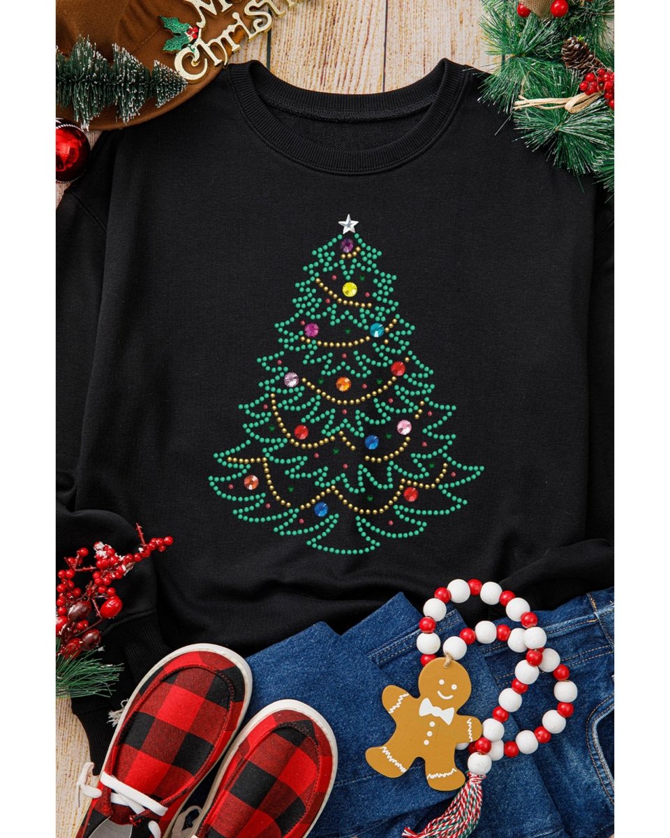 Black Rhinestone Christmas Tree Graphic Pullover Sweatshirt - S