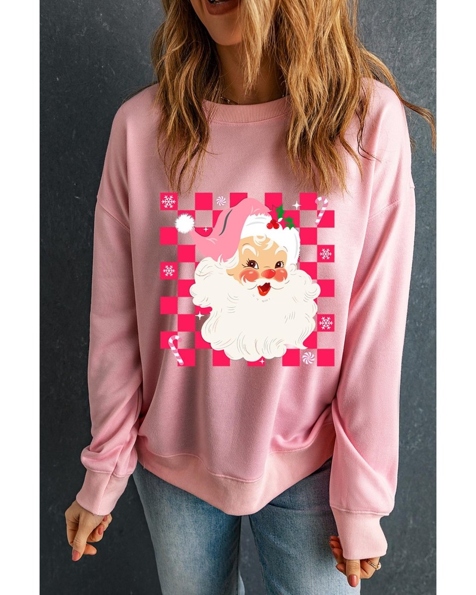 Pink Fancy Checkered Father Christmas Graphic Sweatshirt - L