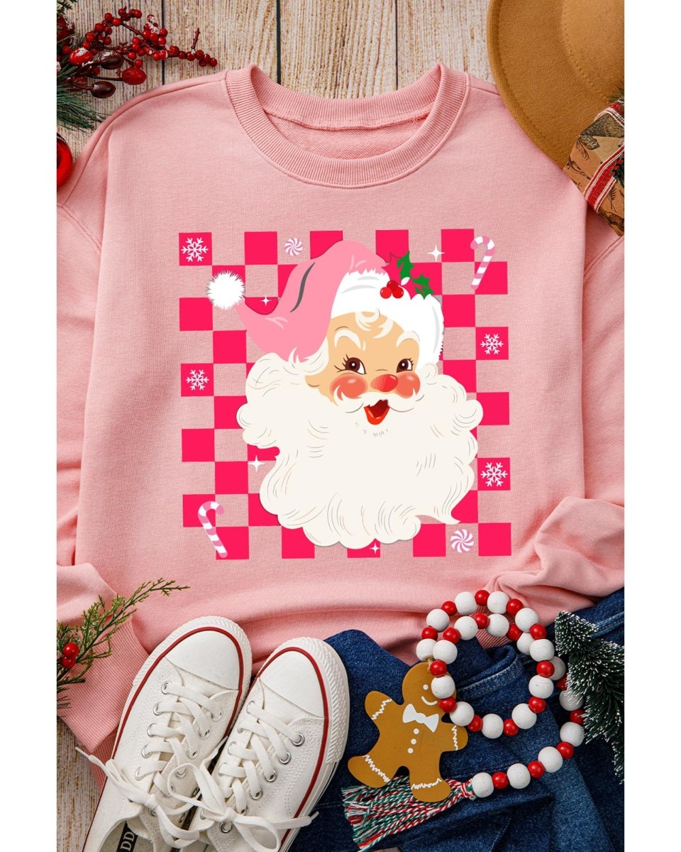 Pink Fancy Checkered Father Christmas Graphic Sweatshirt - M