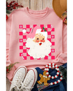 Pink Fancy Checkered Father Christmas Graphic Sweatshirt - S