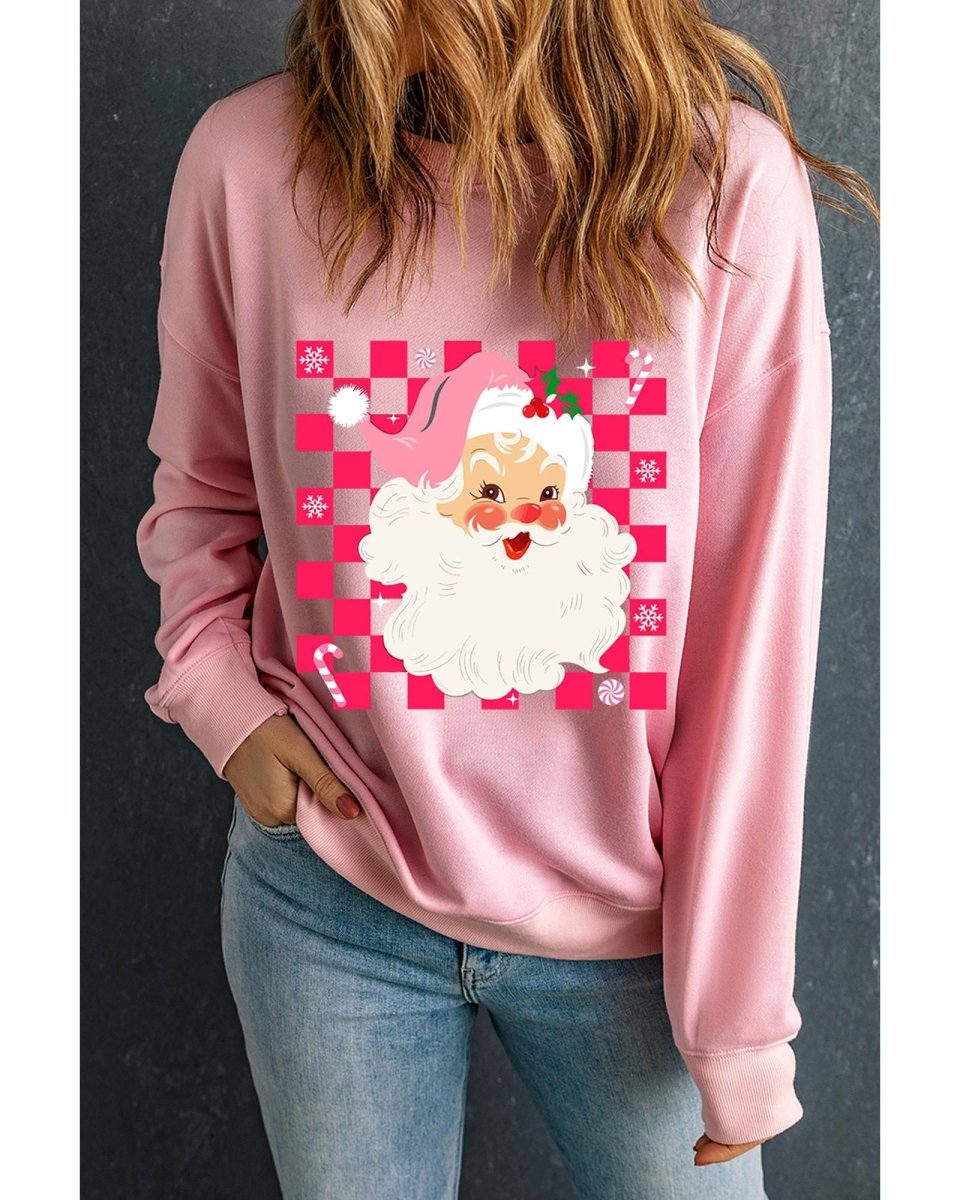 Pink Fancy Checkered Father Christmas Graphic Sweatshirt - XL