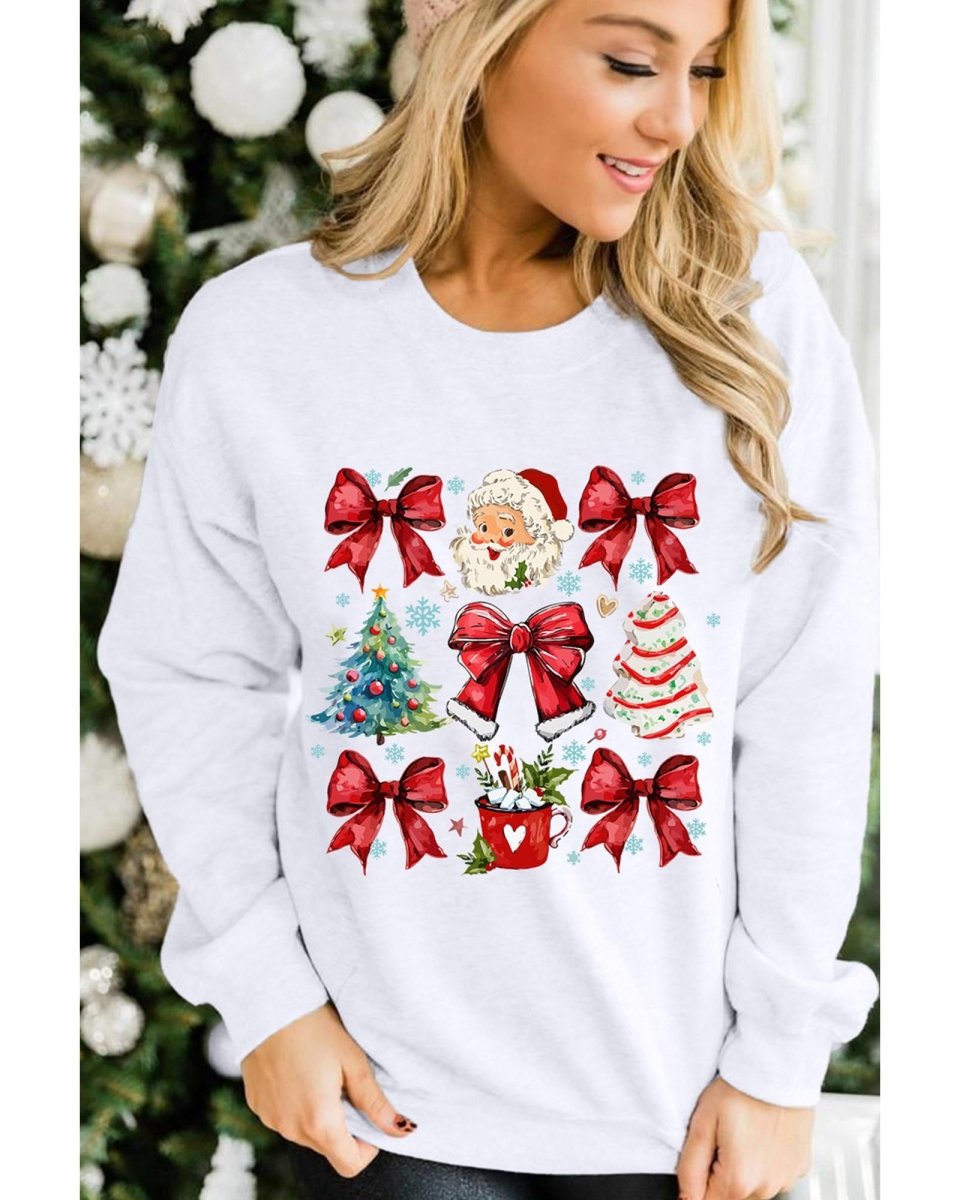 Beige Christmas Tree Bowknot Santa Clause Graphic Holiday Sweatshirt - L