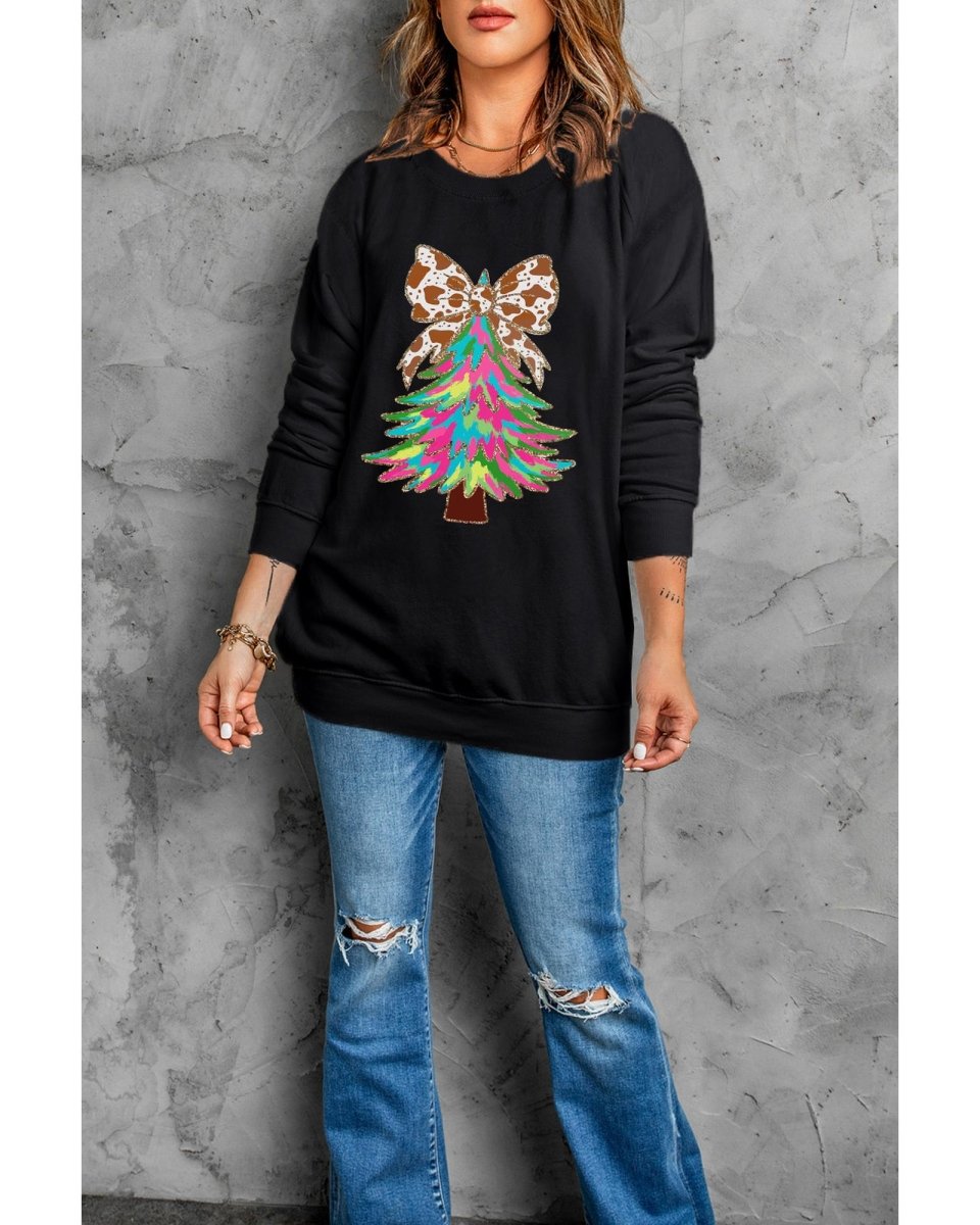 Black Bowknot Christmas Tree Shiny Graphic Sweatshirt - M