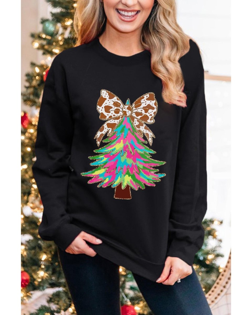 Black Bowknot Christmas Tree Shiny Graphic Sweatshirt - M