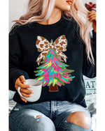 Black Bowknot Christmas Tree Shiny Graphic Sweatshirt - S