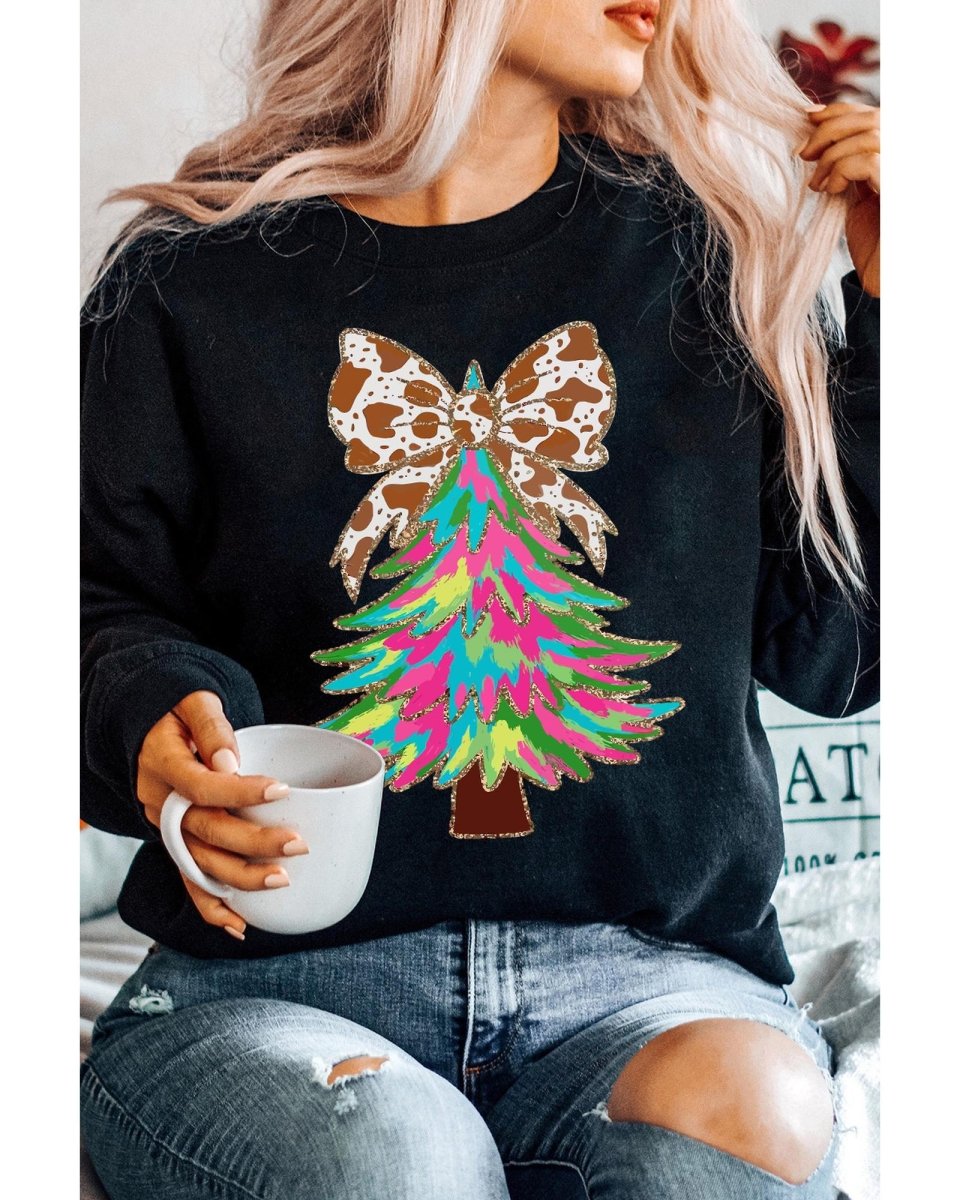 Black Bowknot Christmas Tree Shiny Graphic Sweatshirt - S
