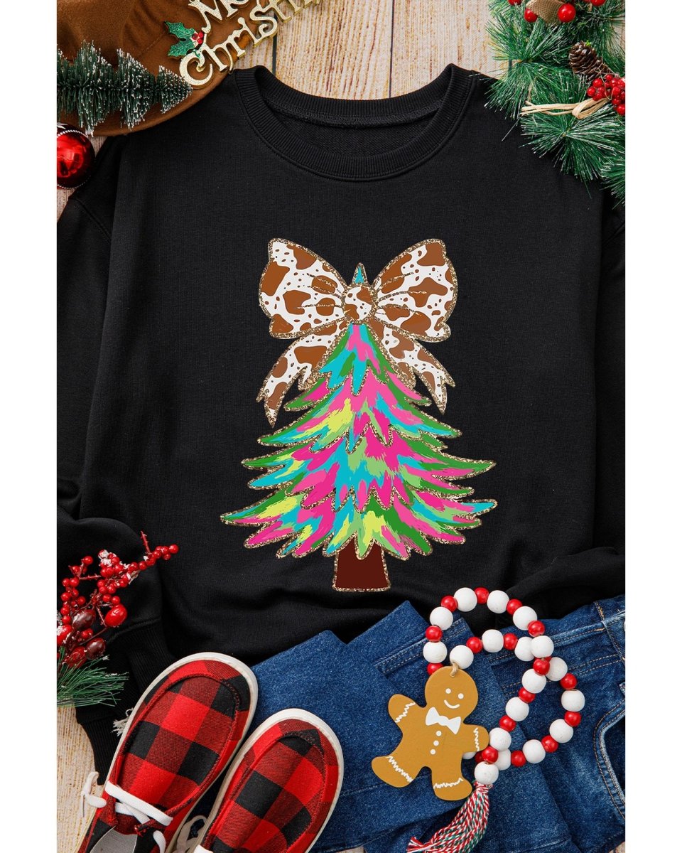 Black Bowknot Christmas Tree Shiny Graphic Sweatshirt - XL