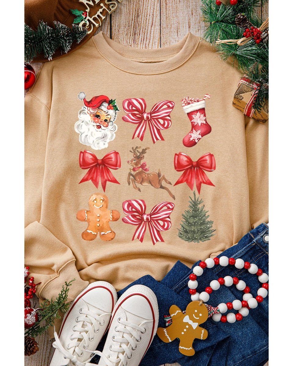 Khaki Christmas Pattern Graphic Crew Neck Sweatshirt - L