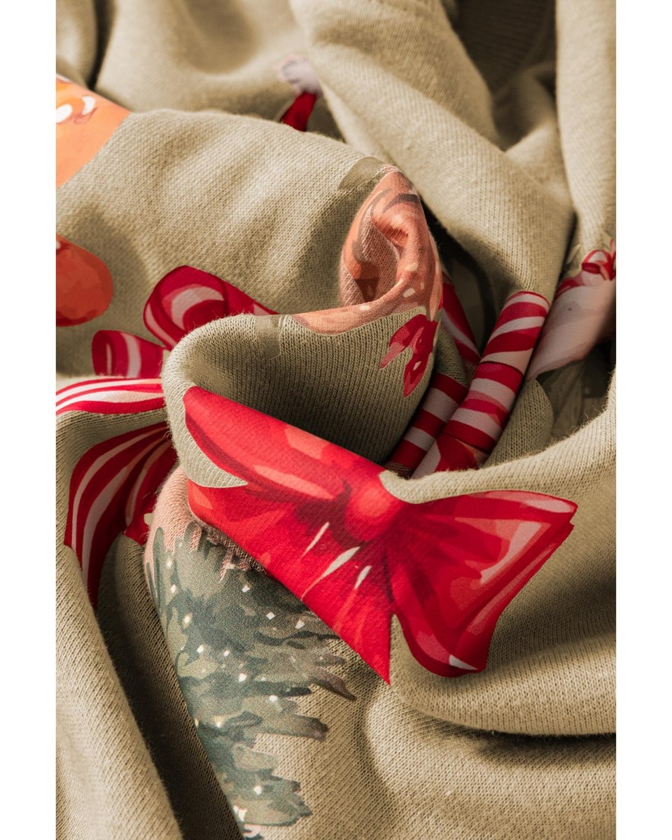 Khaki Christmas Pattern Graphic Crew Neck Sweatshirt - M