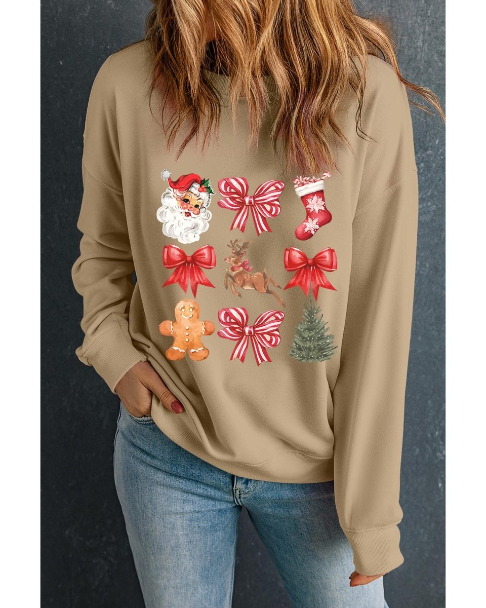 Khaki Christmas Pattern Graphic Crew Neck Sweatshirt - XL