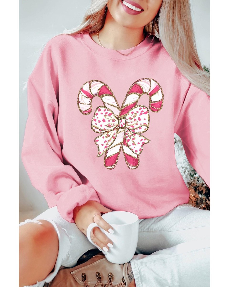 Pink Christmas Bow Candy Cane Graphic Drop Shoulder Crew Neck Sweatshirt - 2XL