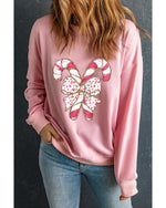 Pink Christmas Bow Candy Cane Graphic Drop Shoulder Crew Neck Sweatshirt - L