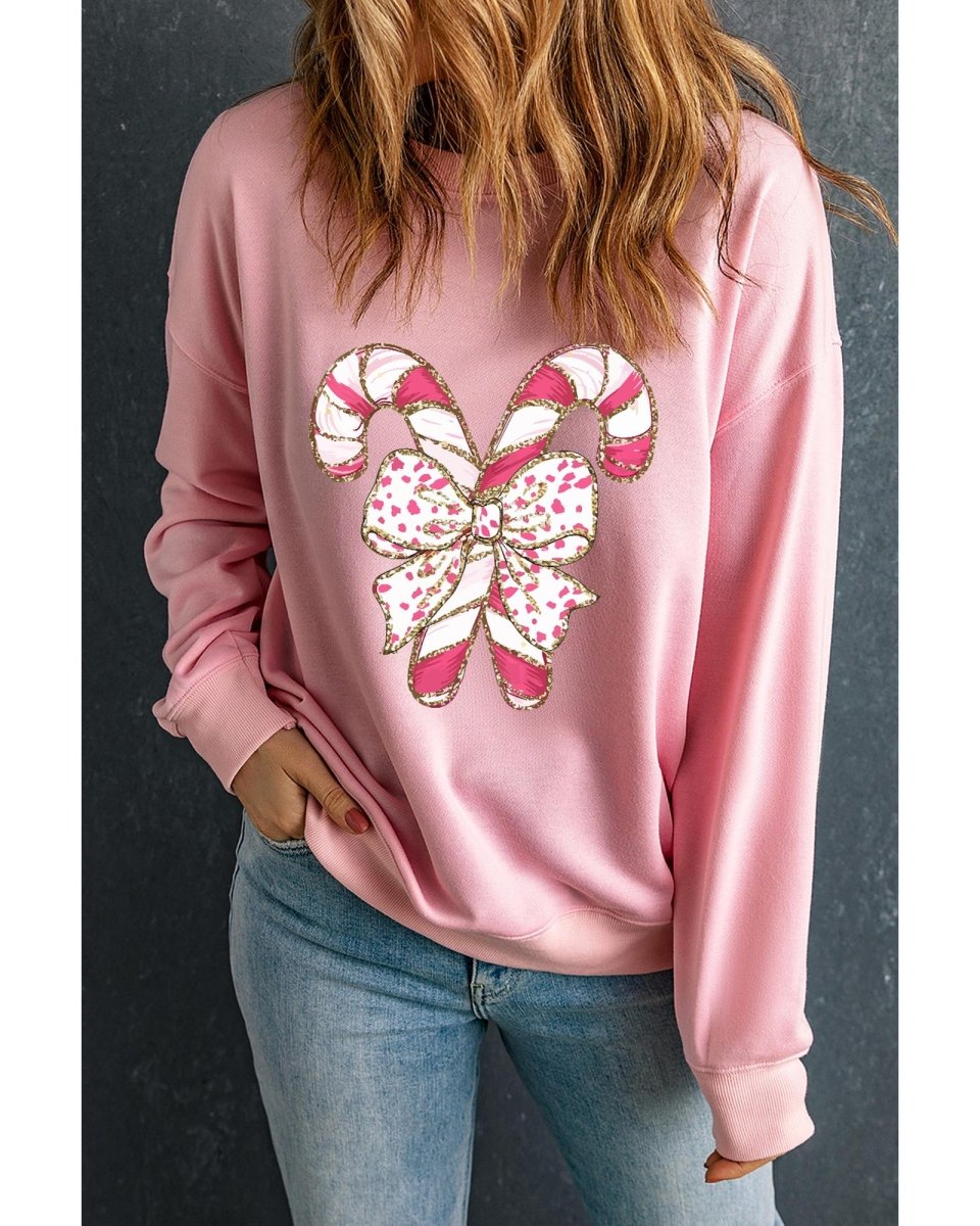 Pink Christmas Bow Candy Cane Graphic Drop Shoulder Crew Neck Sweatshirt - L
