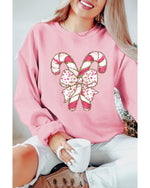 Pink Christmas Bow Candy Cane Graphic Drop Shoulder Crew Neck Sweatshirt - L
