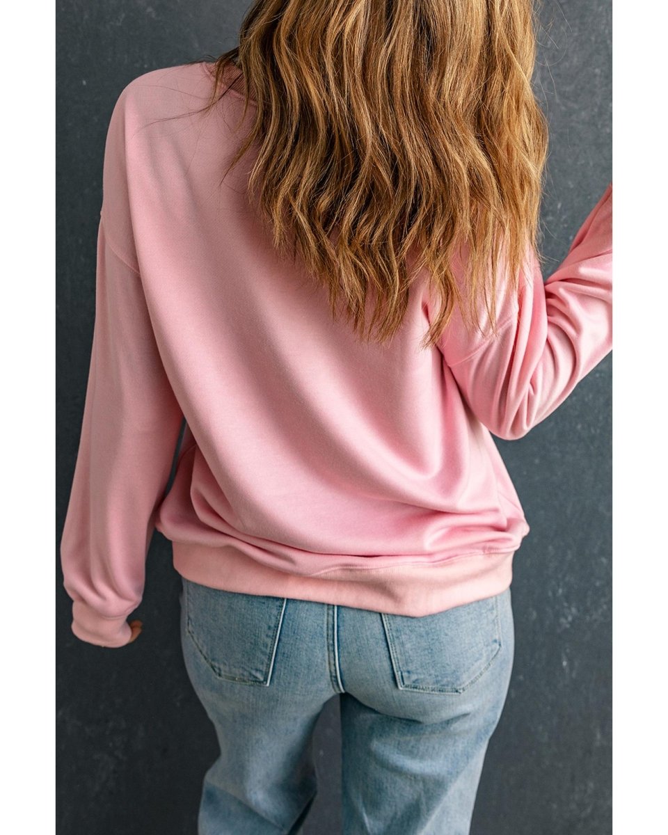 Pink Christmas Bow Candy Cane Graphic Drop Shoulder Crew Neck Sweatshirt - L