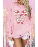 Pink Christmas Bow Candy Cane Graphic Drop Shoulder Crew Neck Sweatshirt - L