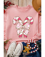 Pink Christmas Bow Candy Cane Graphic Drop Shoulder Crew Neck Sweatshirt - M