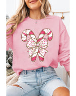 Pink Christmas Bow Candy Cane Graphic Drop Shoulder Crew Neck Sweatshirt - M