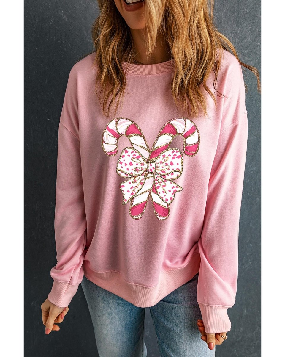 Pink Christmas Bow Candy Cane Graphic Drop Shoulder Crew Neck Sweatshirt - S