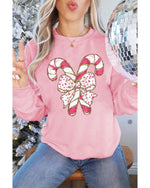 Pink Christmas Bow Candy Cane Graphic Drop Shoulder Crew Neck Sweatshirt - S