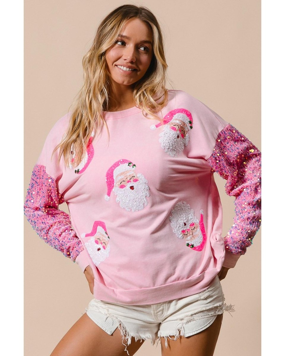Pink Sequined Santa Claus Long Sleeve Christmas Sweatshirt - L