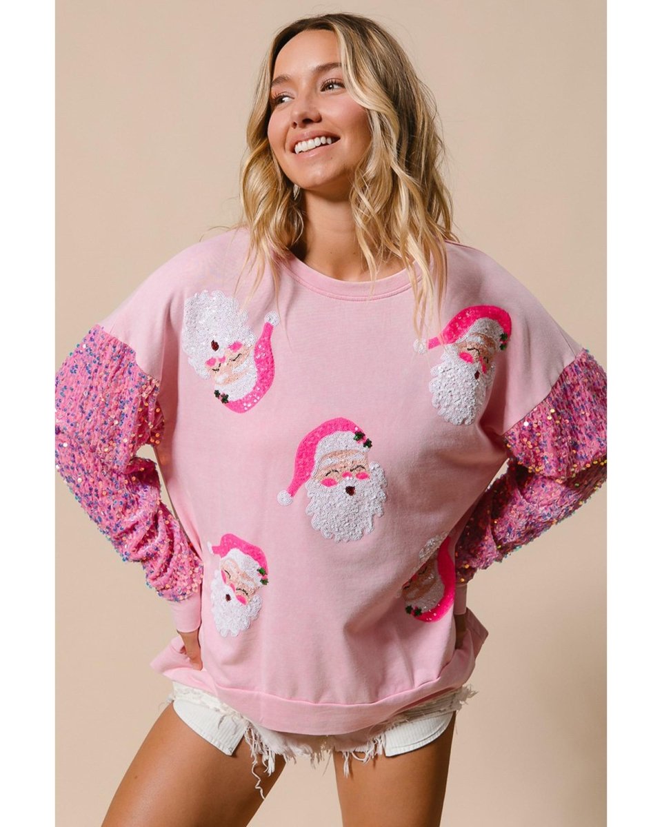 Pink Sequined Santa Claus Long Sleeve Christmas Sweatshirt - M