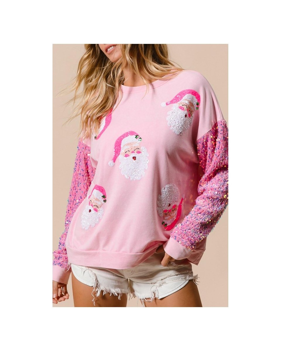 Pink Sequined Santa Claus Long Sleeve Christmas Sweatshirt - M