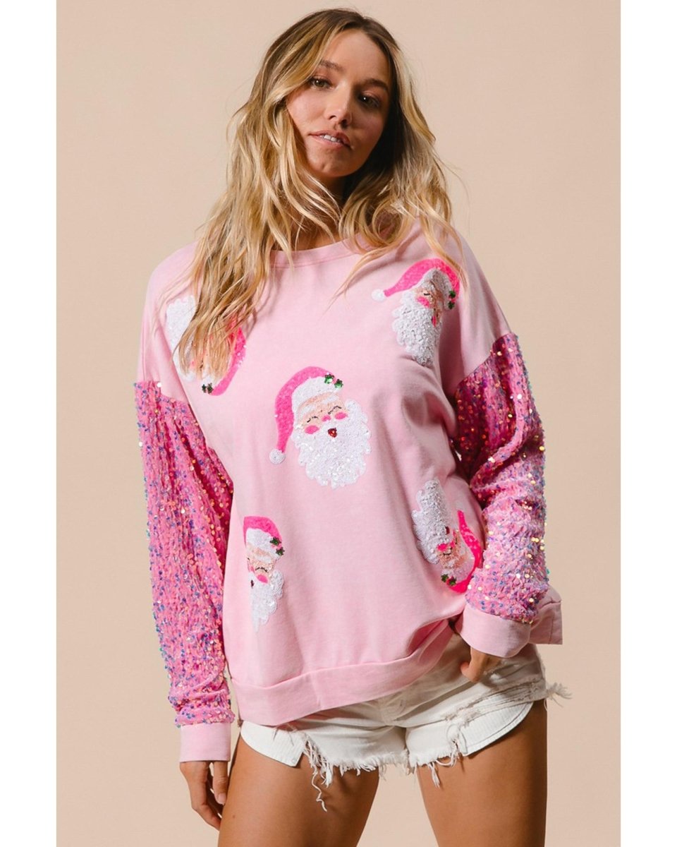 Pink Sequined Santa Claus Long Sleeve Christmas Sweatshirt - M