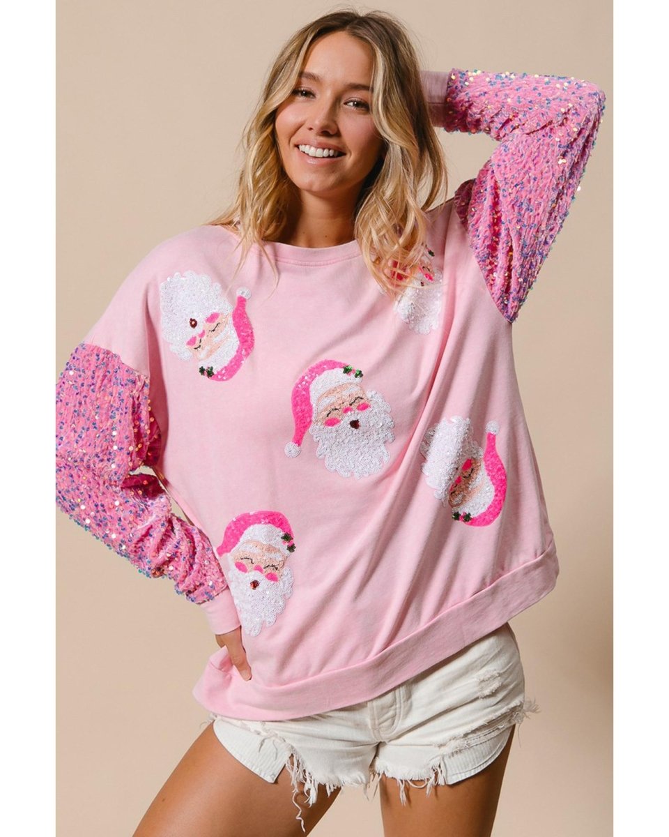Pink Sequined Santa Claus Long Sleeve Christmas Sweatshirt - S