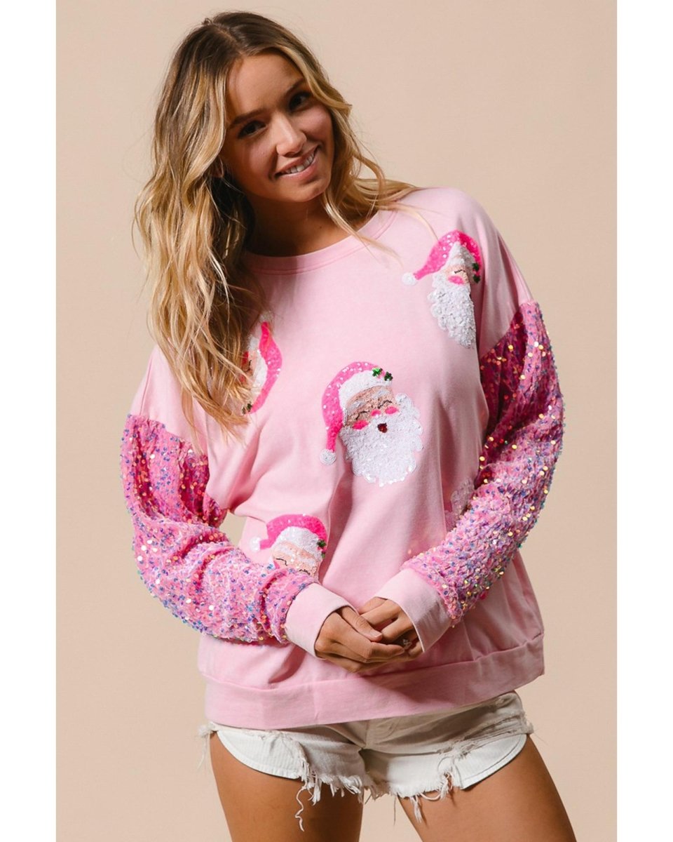 Pink Sequined Santa Claus Long Sleeve Christmas Sweatshirt - S