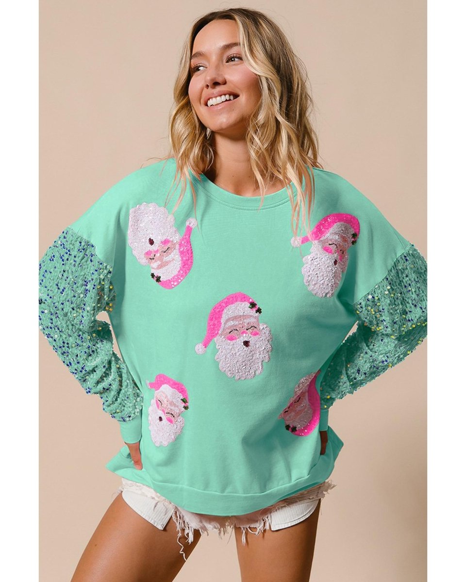 Moonlight Jade Sequined Santa Claus Long Sleeve Christmas Sweatshirt - XL
