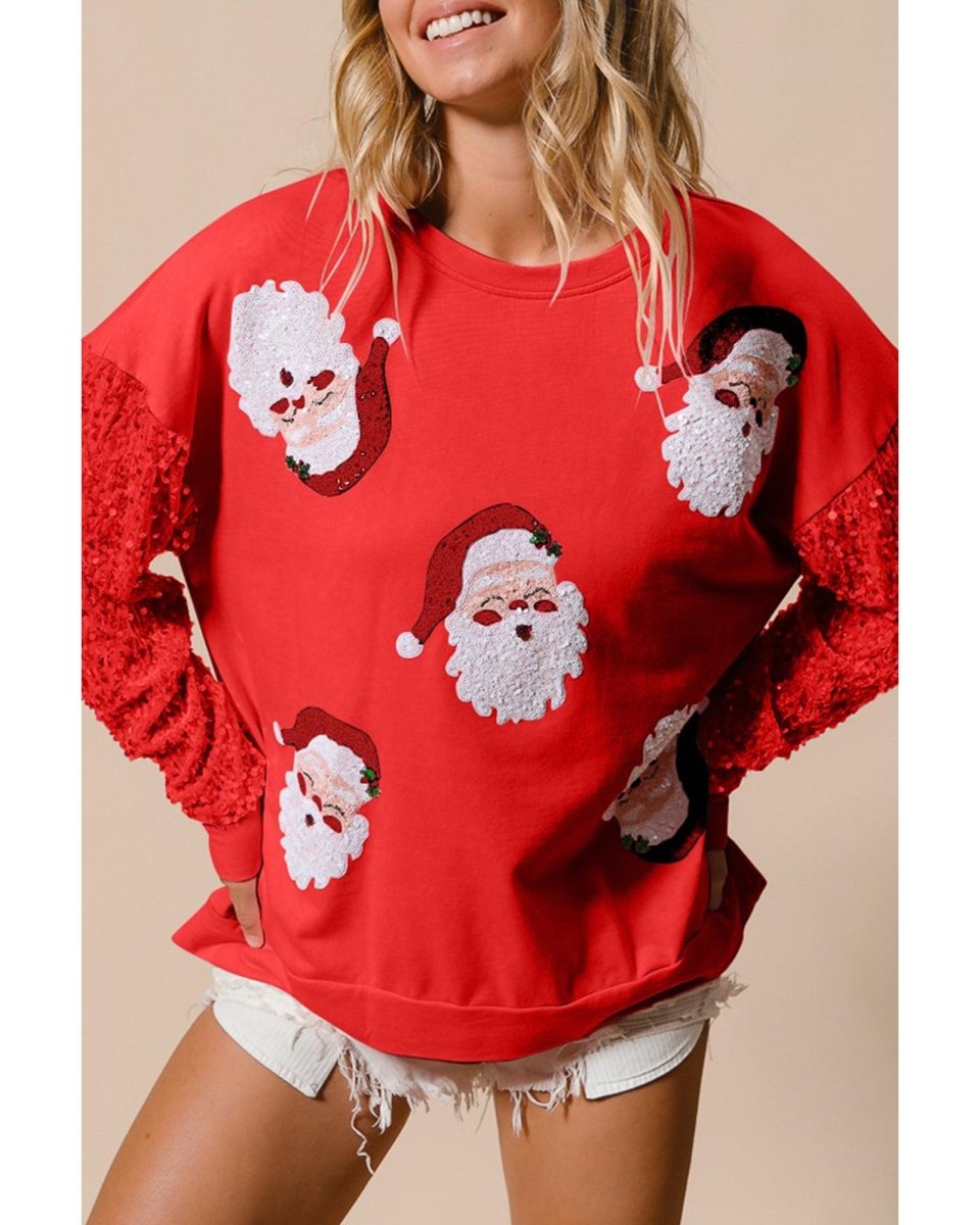 Fiery Red Sequined Santa Claus Long Sleeve Christmas Sweatshirt - L